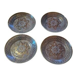 VTG Pressed Salad Plates (4) Gold Rim Diamond Starburst Pattern Mid Century MCM